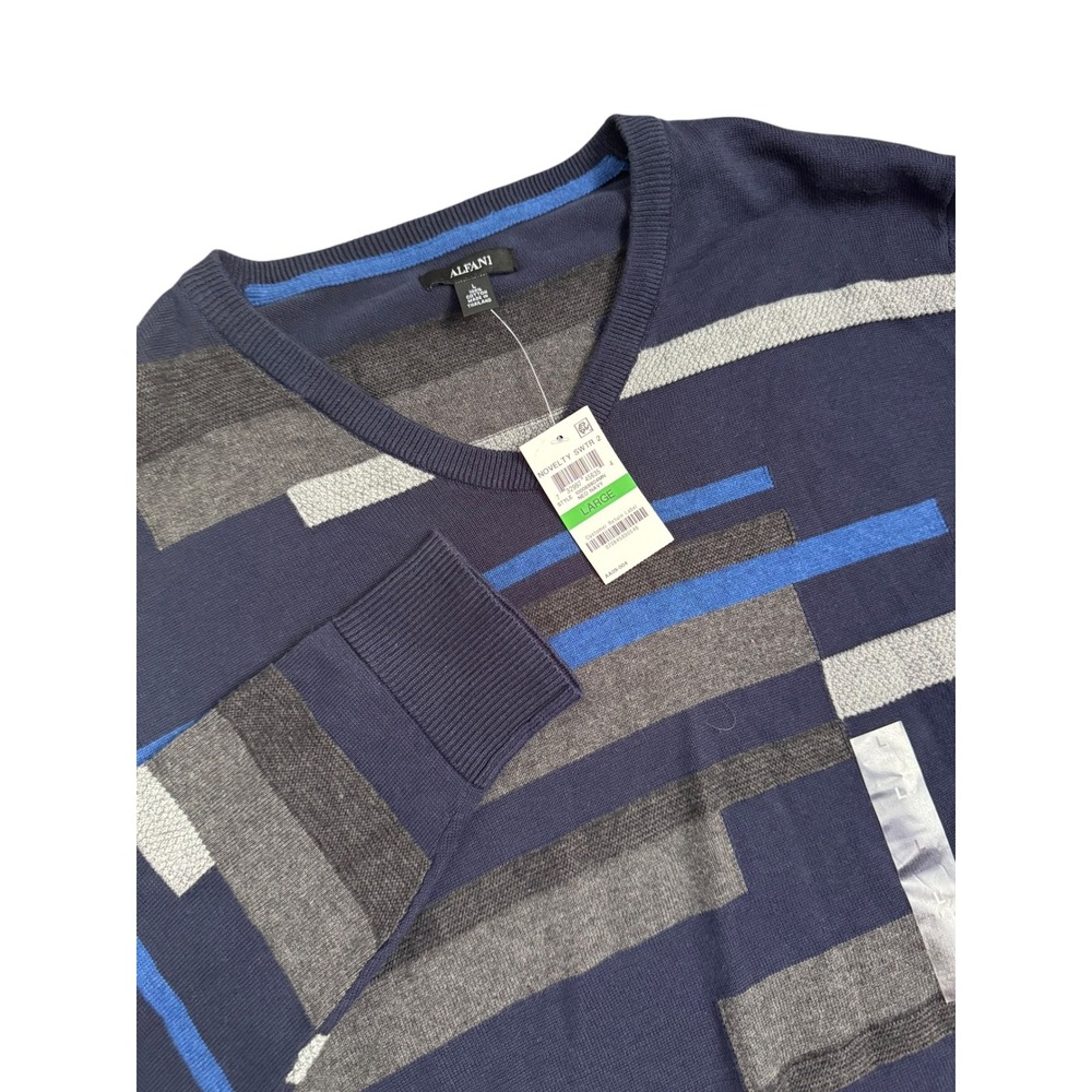Alfani Men's Textured Striped V-Neck  Navy Blue Grey Striped Cotton Size L‎ NEW